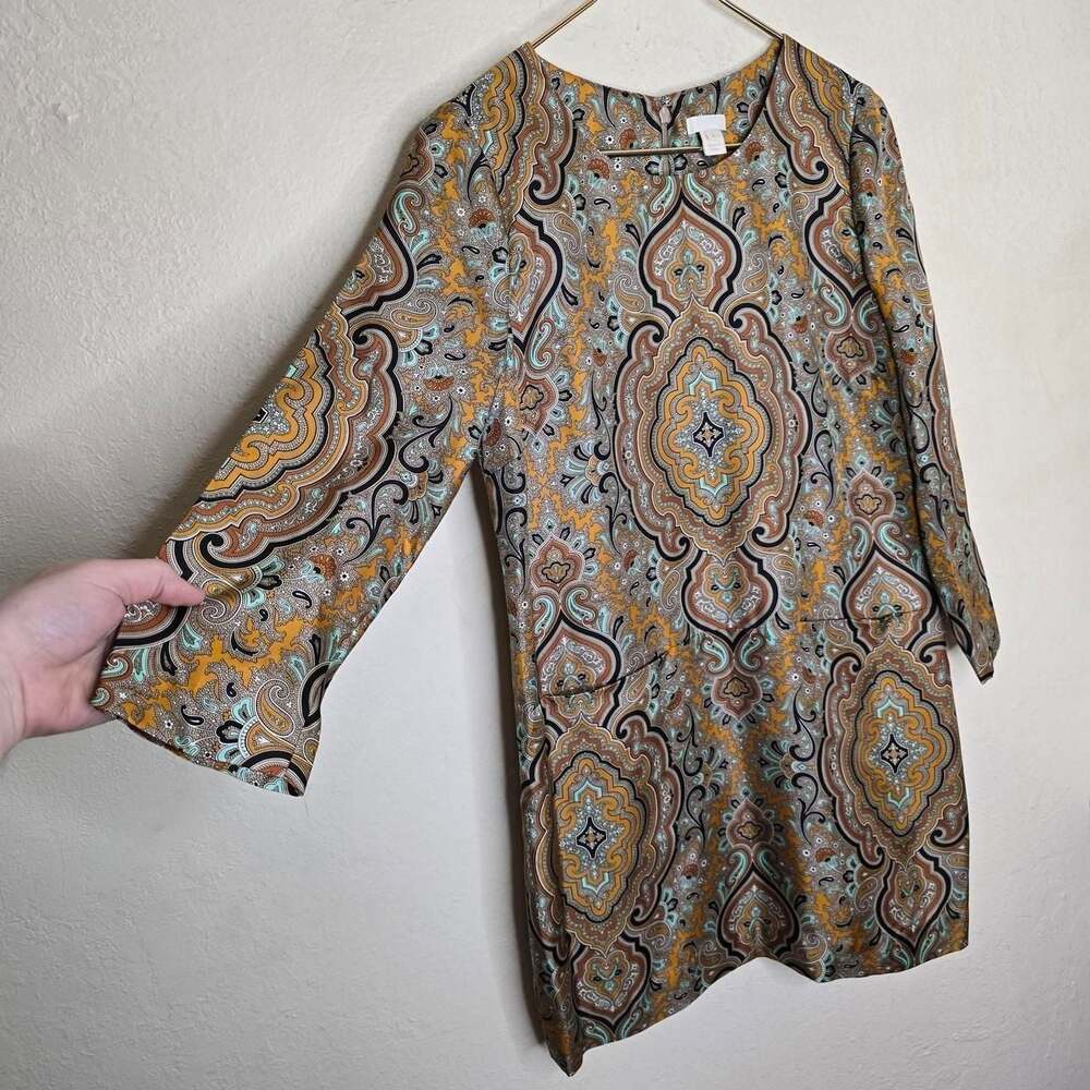 J.Crew Collection Medallion Print 100% Silk Bell Sleeve Tunic Dress - Picture 2 of 8